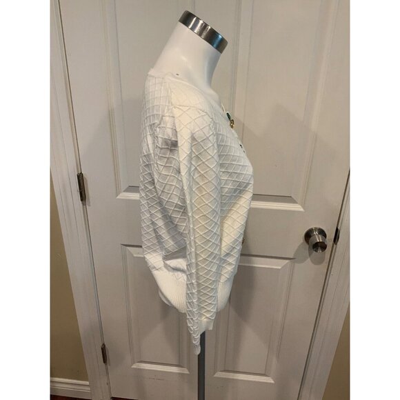 Yumi White Diamond Knit Cardigan W/ Pineapple Jewel Button Cardigan, Size Medium - Picture 3 of 6